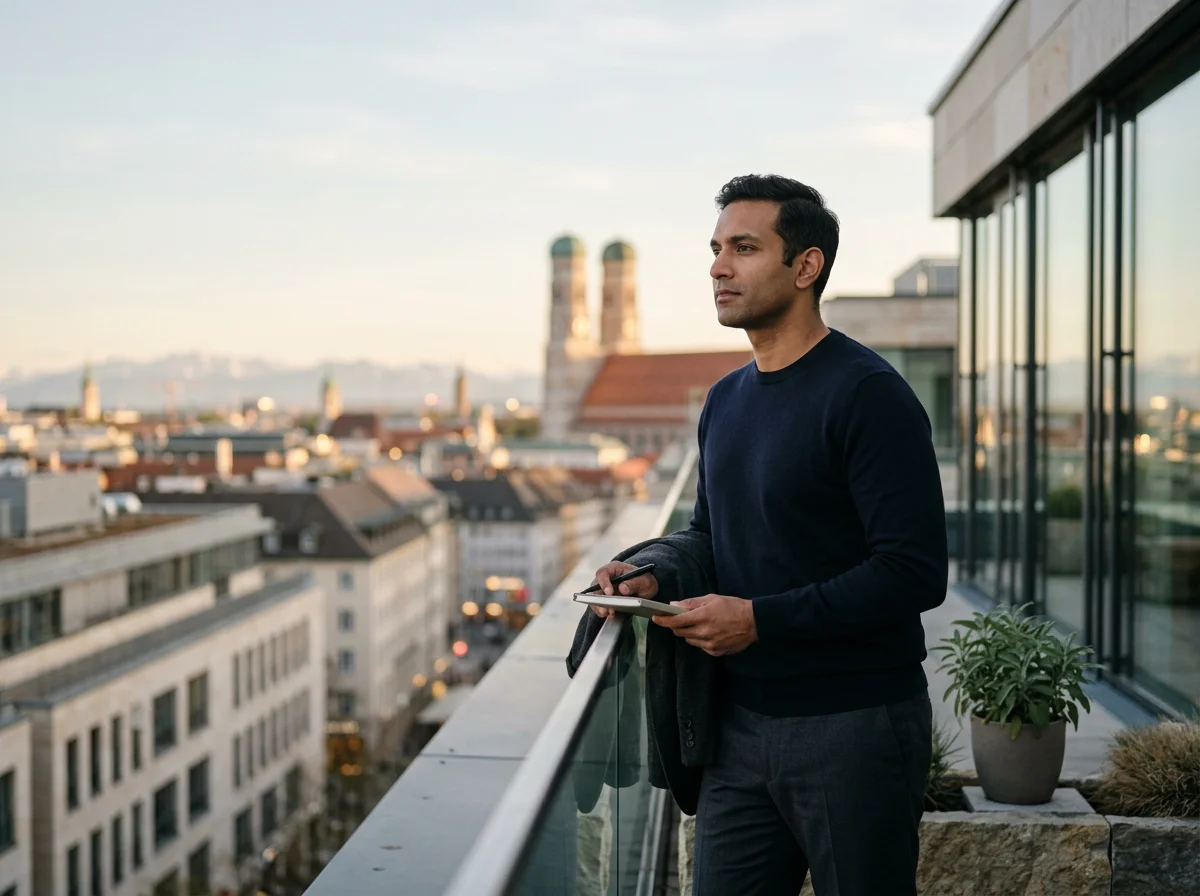 A professional looking across Munich from a rooftop, representing the decisions behind a move